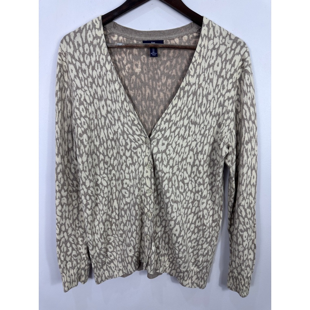 Gap Cardigan Sweater Womens Large Tan‎ Leopard Print Cotton V-Neck Button Front